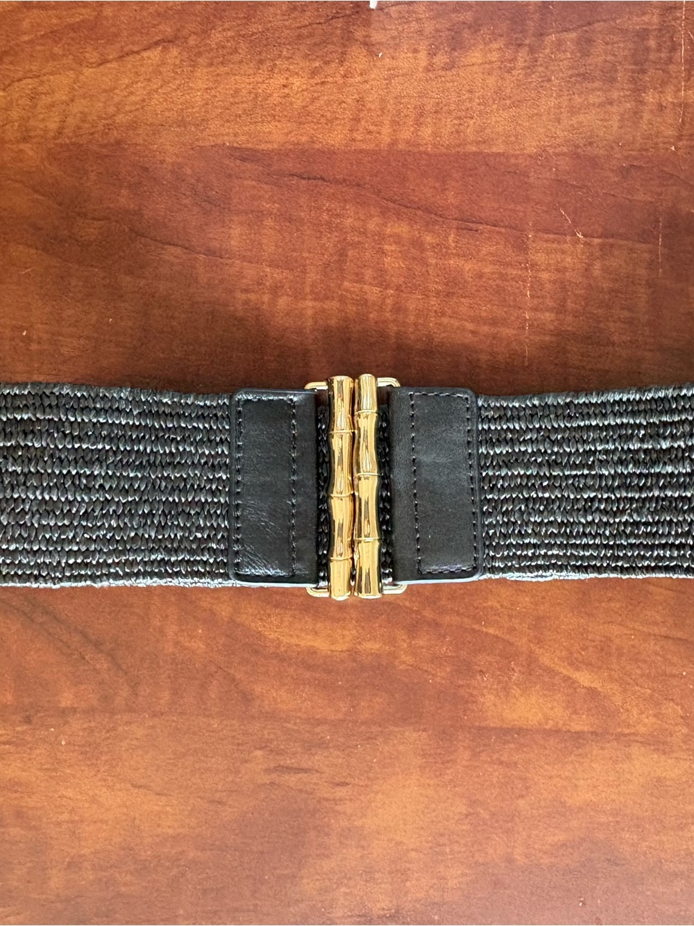 Black Elastic women Belt with Gold Bamboo-Style Buckle